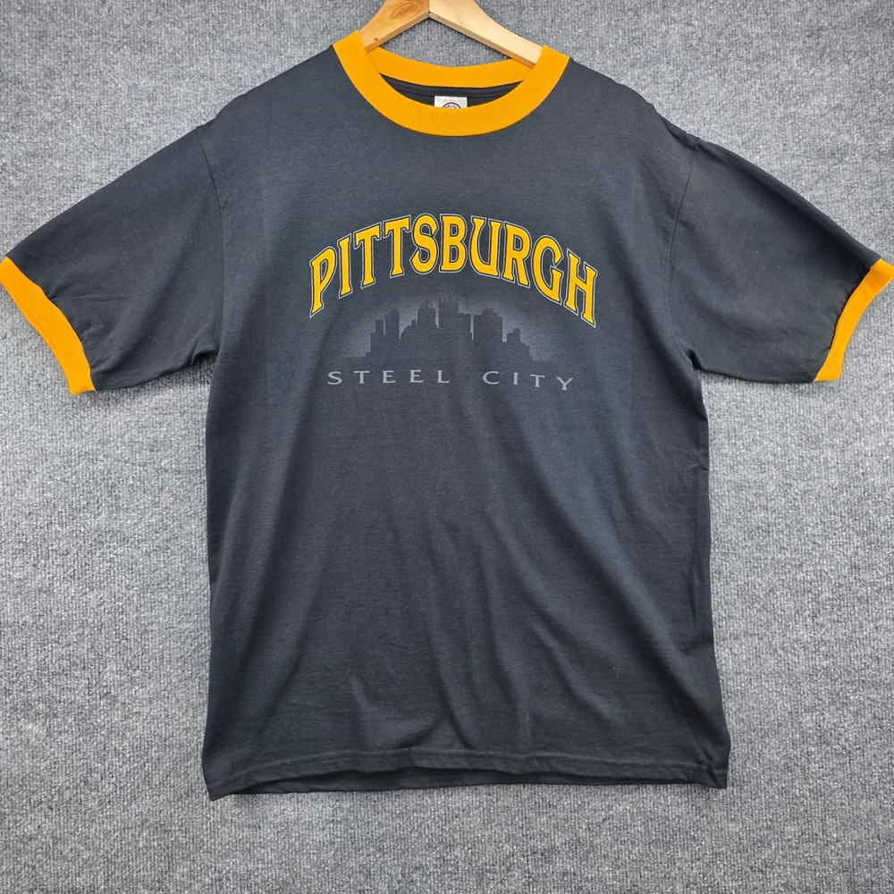 Vintage Delta Pro Weight Pittsburgh Steel City Ringer T-Shirt Black Yellow‎ Mens